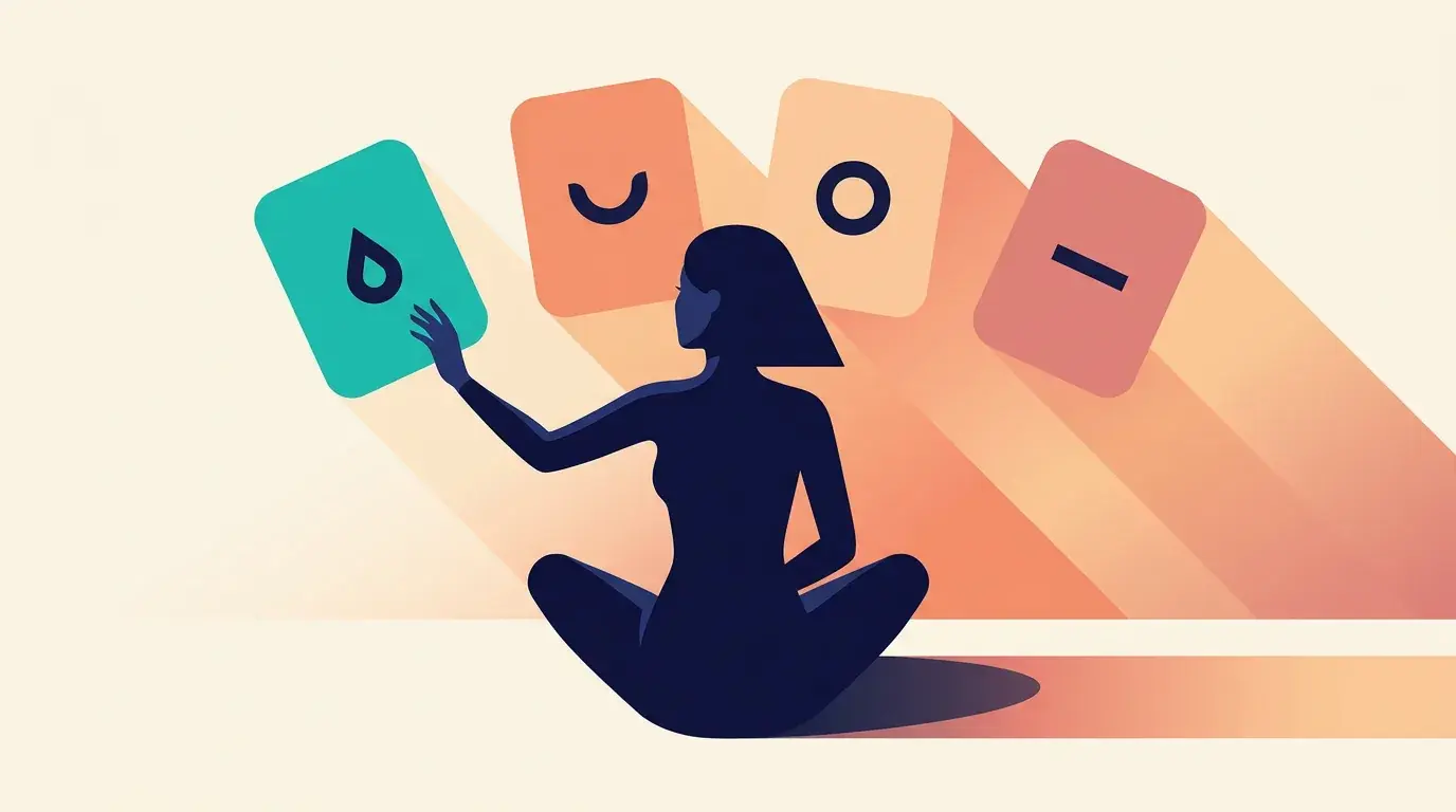 Illustration of a woman weighing up four different tracker app cards laid out around her
