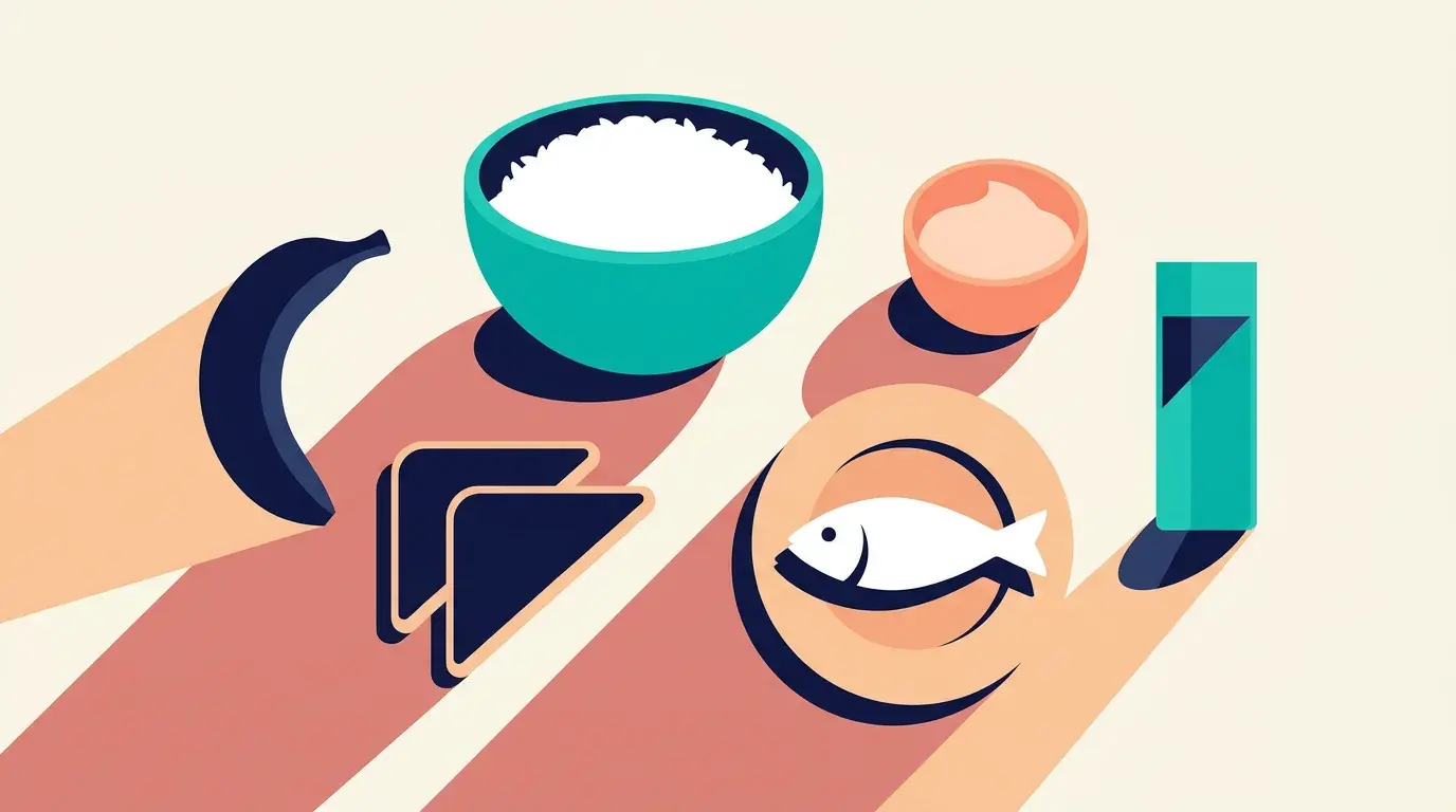 Illustration of a gentle meal seen from above: a bowl of rice, a banana, toast, plain fish, yoghurt and a glass of water
