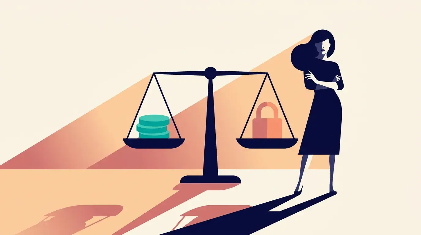 Illustration of a balance scale weighing a stack of coins against a closed padlock, a woman considering it with folded arms