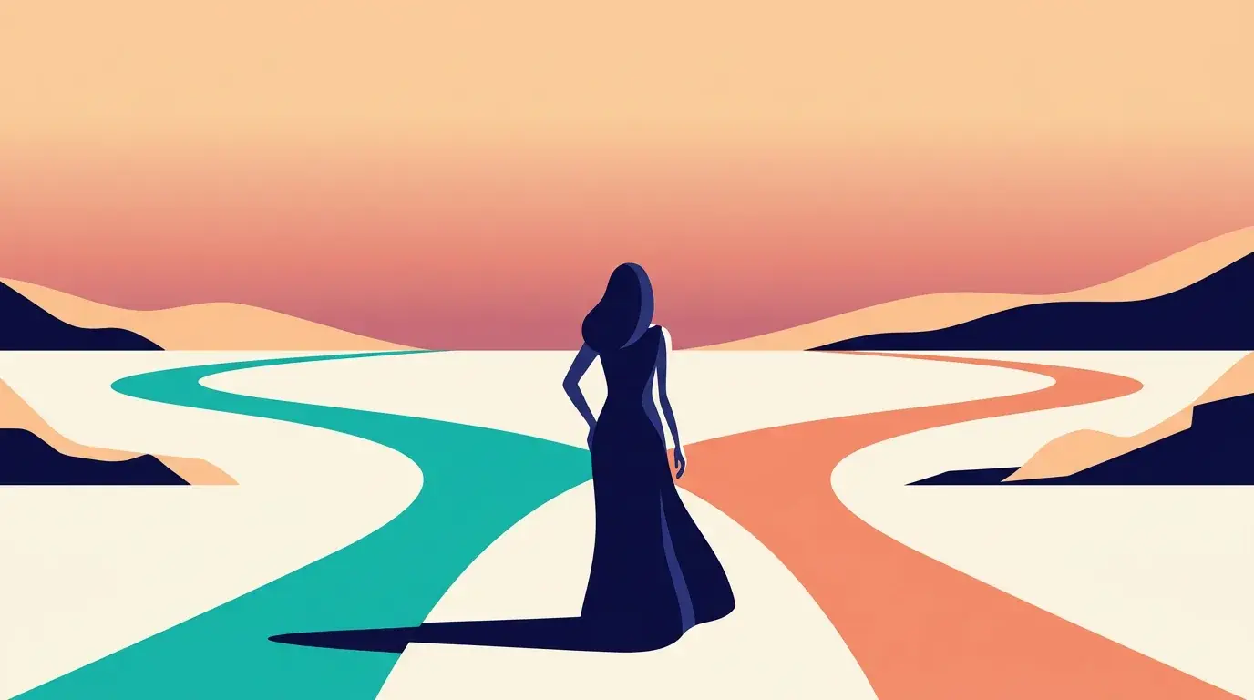 Illustration of a woman pausing where a single path divides into a turquoise route and a coral route