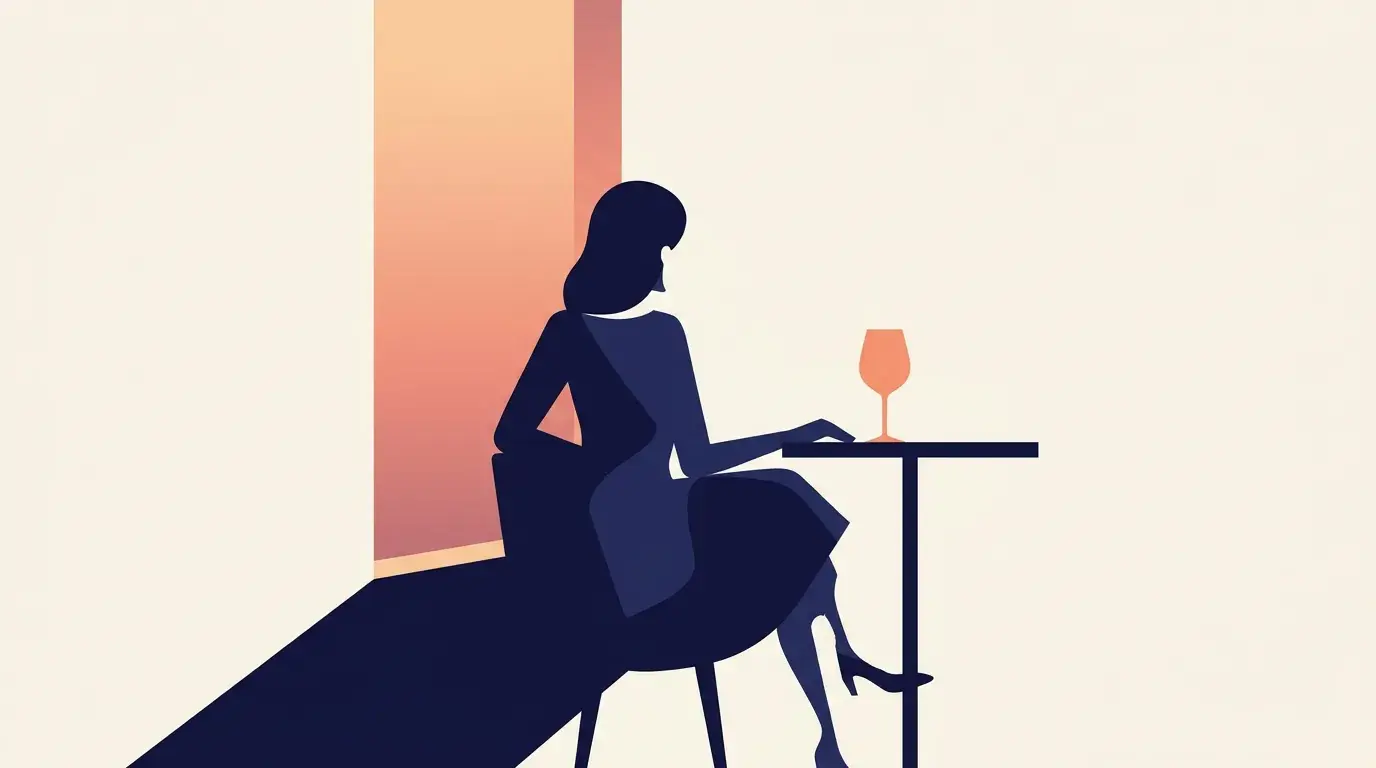 Illustration of a woman at a small table turned toward the evening window light, an untouched wine glass beside her