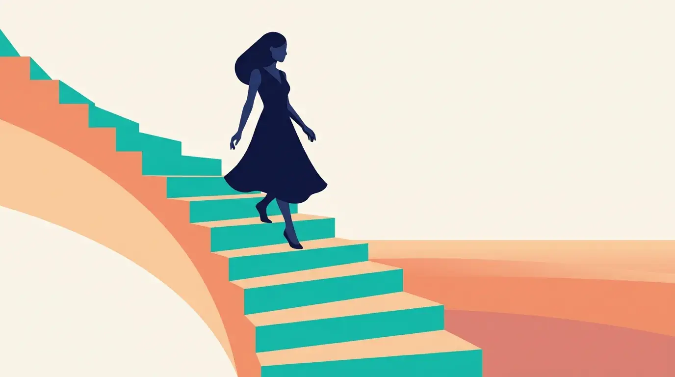 Illustration of a woman walking down a staircase of shortening steps toward a calm horizon