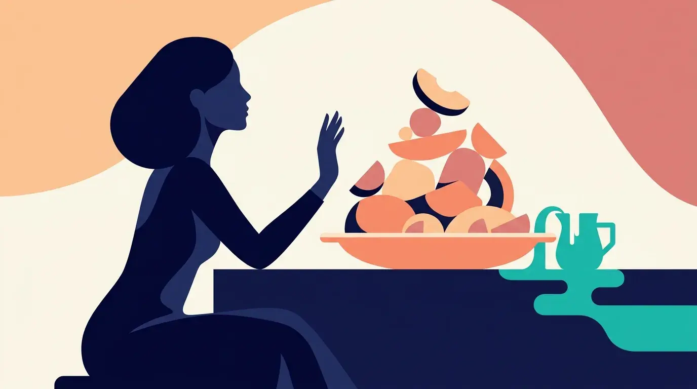 Illustration of a woman raising a hand in an enough gesture beside an overheaped plate and a gently overflowing jug