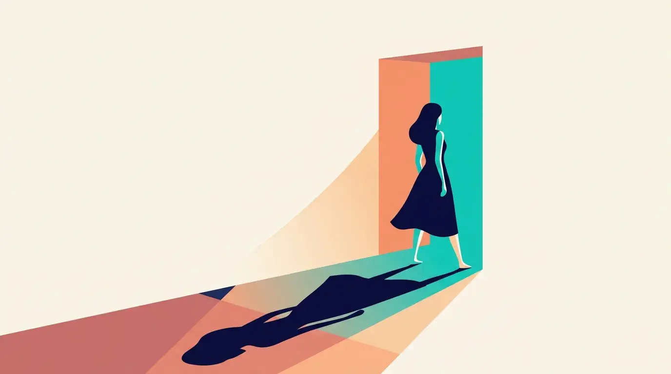 Illustration of a woman stepping through a doorway into new light, at the threshold of a dose change