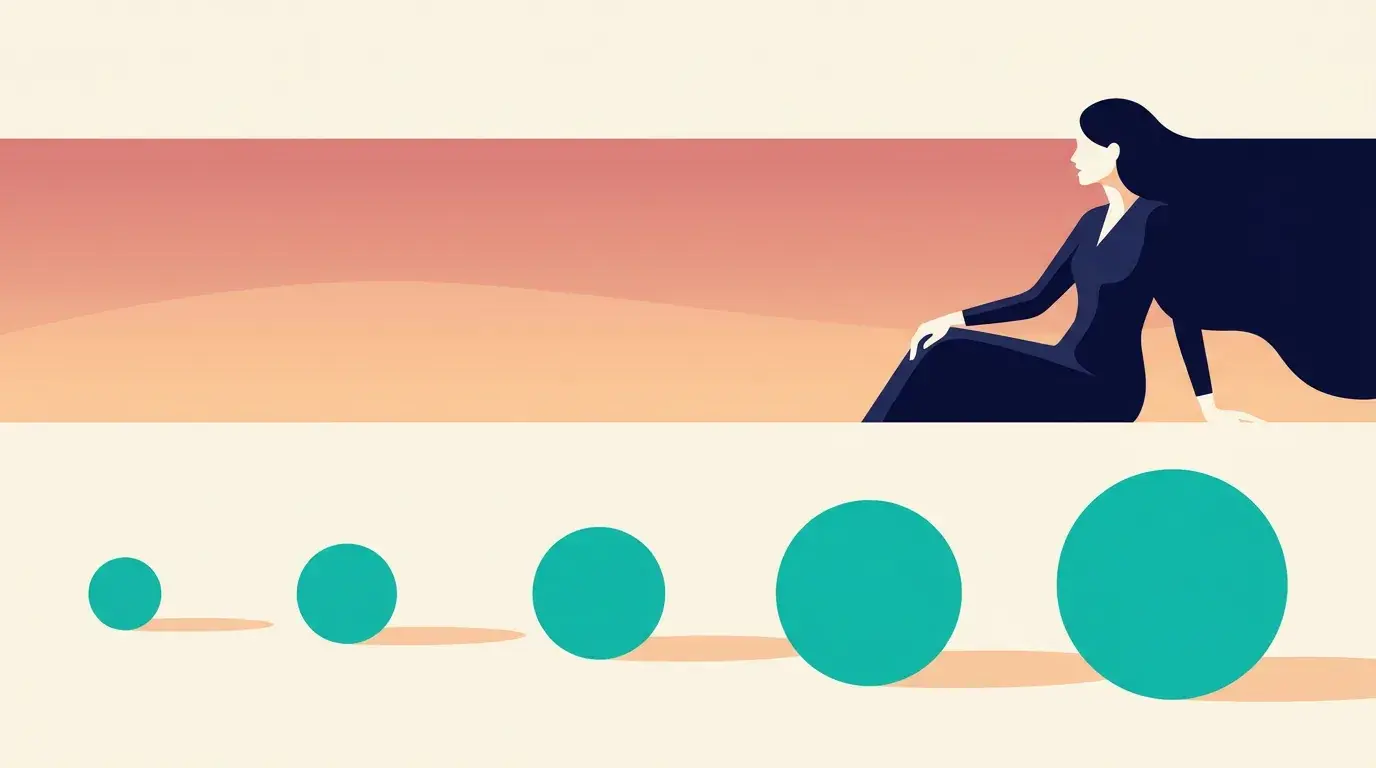 Illustration of a woman seated against a sunrise as five circles grow steadily larger from left to right