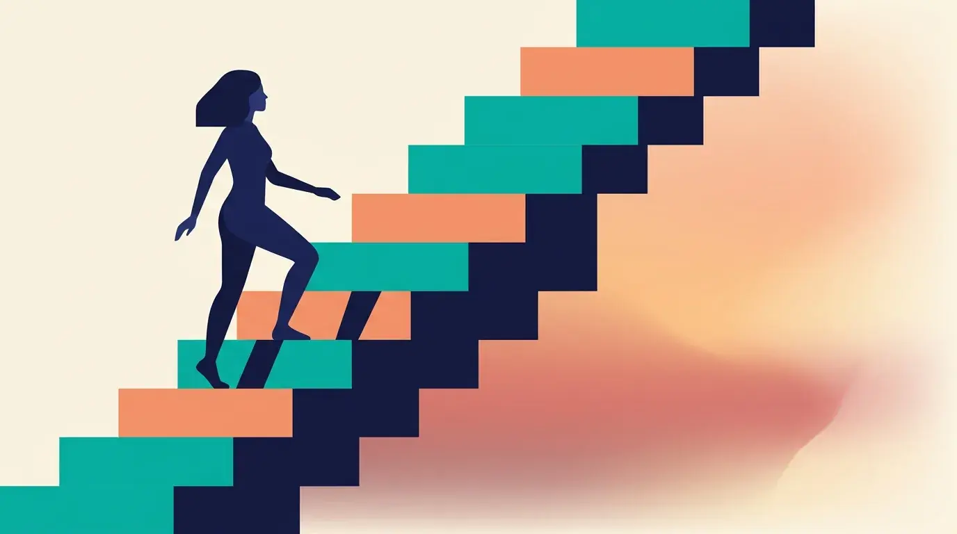 Illustration of a woman climbing a staircase of rising steps, one dose level at a time