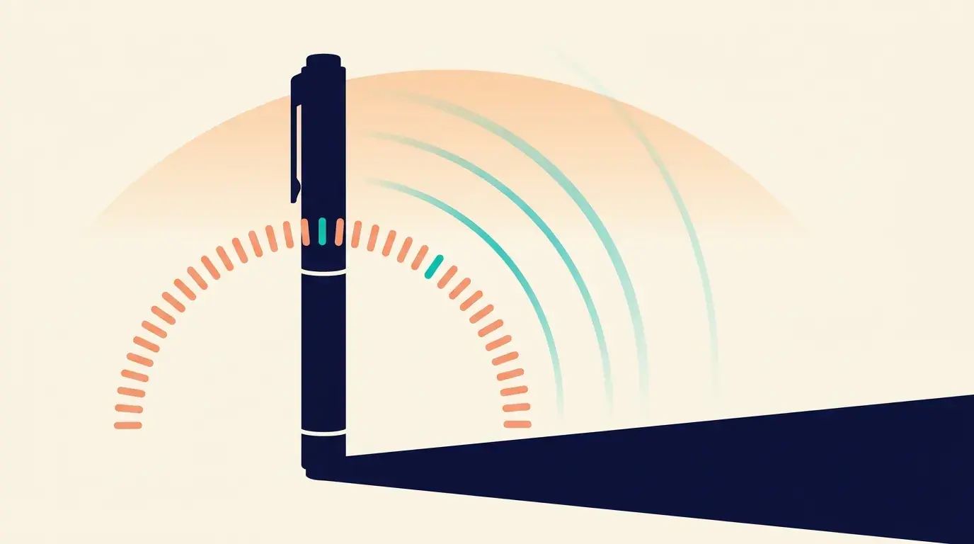 Illustration of an injection pen with a dial of evenly spaced click marks and arcs radiating out