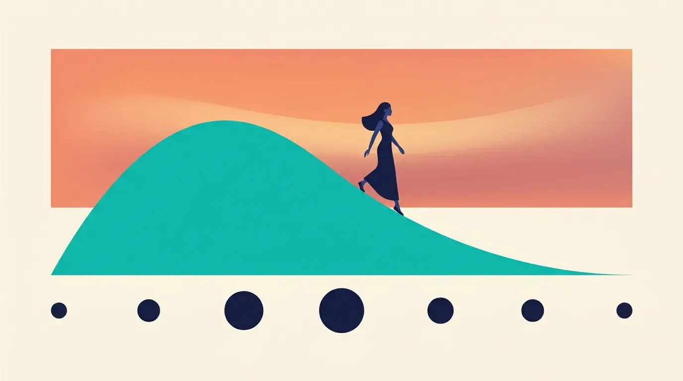 Illustration of a curve peaking early then easing, with a figure walking down past the peak