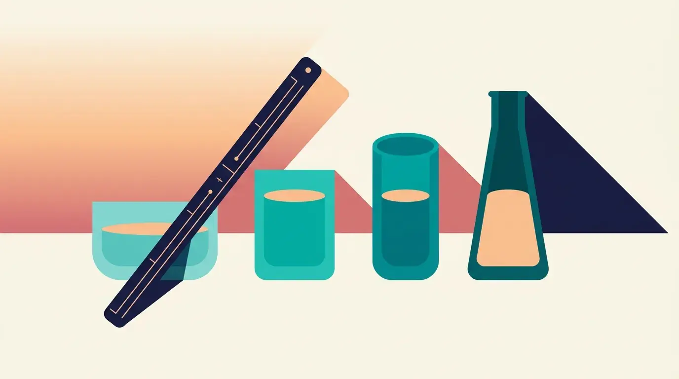 Illustration of a row of vials of increasing strength, every one filled to the same half-way line