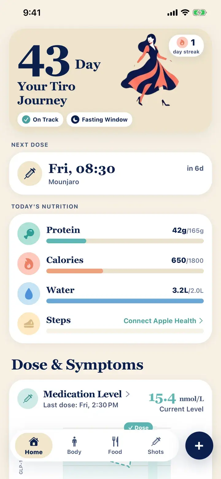 Tiro home screen: streak, next dose, medication level and daily nutrition