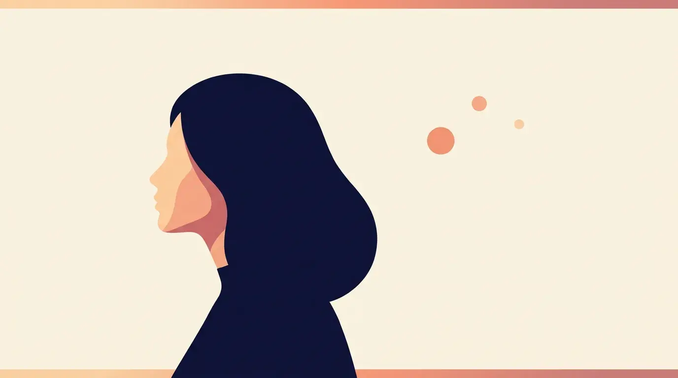 Illustration of a woman in profile in quiet stillness as the last specks of food noise drift away