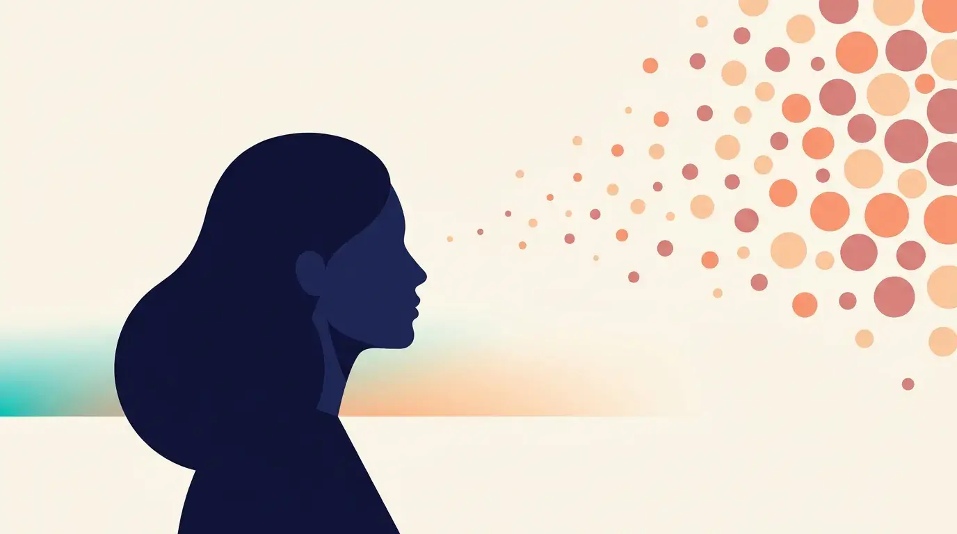 Illustration of a woman in profile as scattered specks of food noise crowd back in behind her