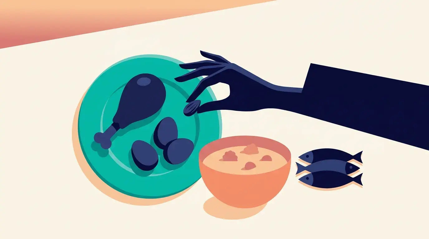 Illustration of a protein-forward plate of chicken, eggs, fish and yoghurt seen from above