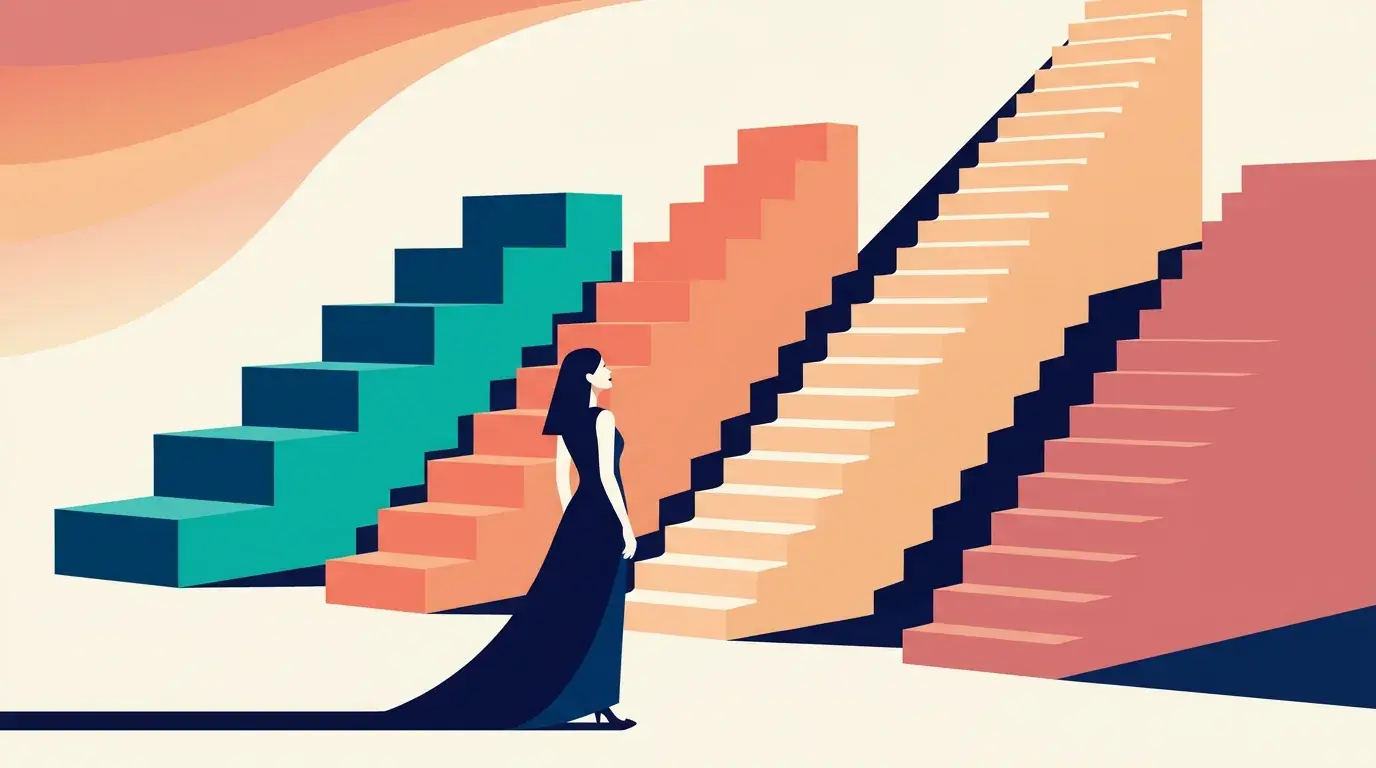 Illustration of four staircases of differing heights side by side, with a figure looking up at them