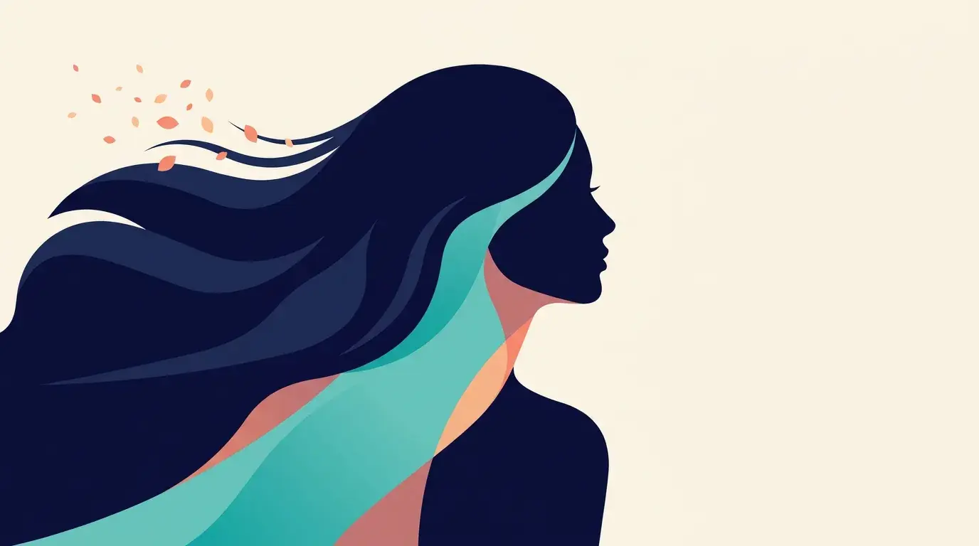 Illustration of a woman in profile with a few strands of hair lifting away from the mass