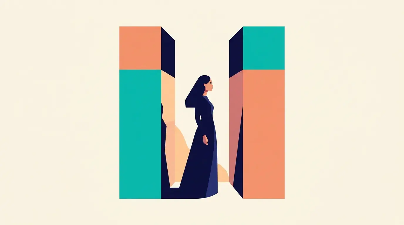 Illustration of two columns of equal height with their proportions reversed, a woman looking between them