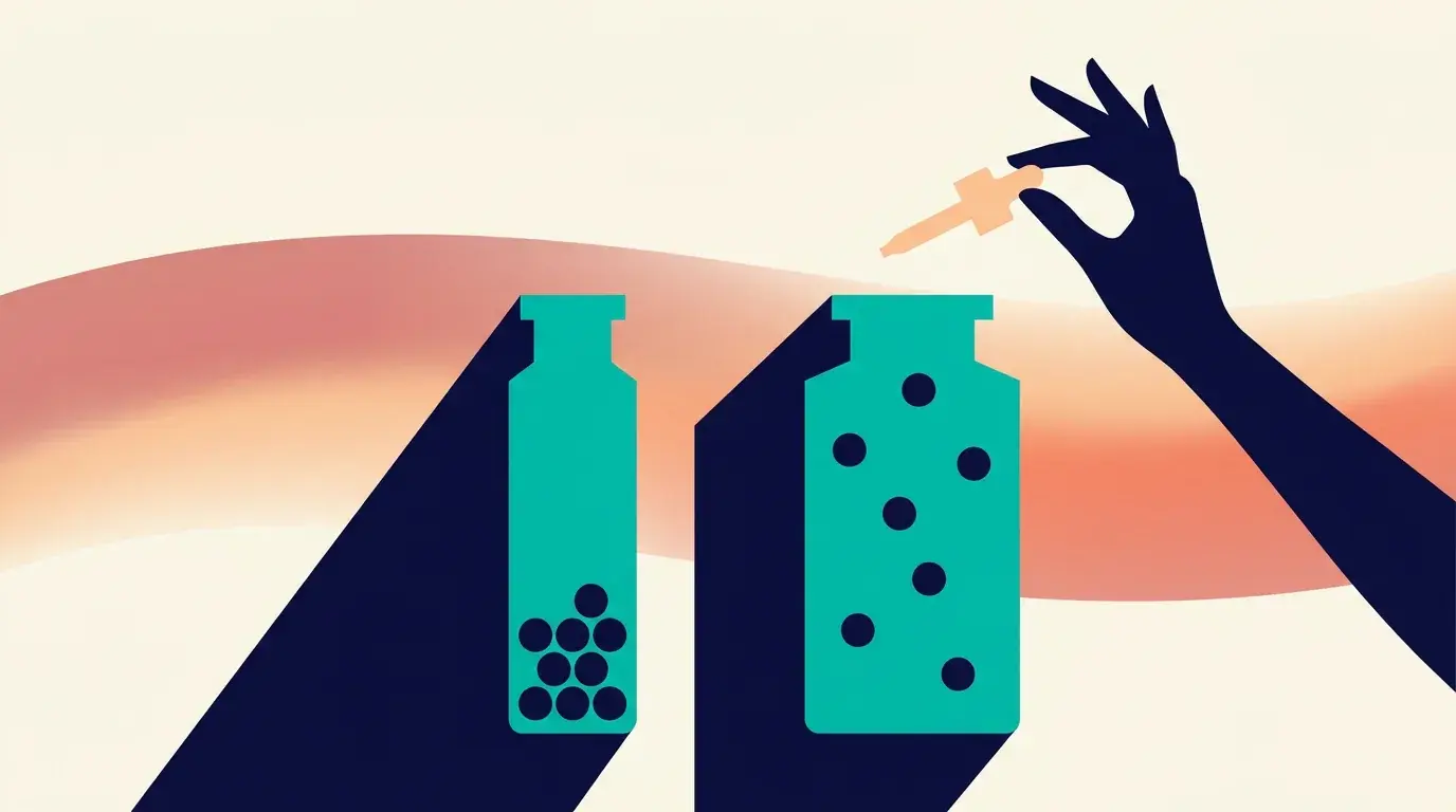 Illustration of two vessels holding the same particles at different concentrations, with a dropper above