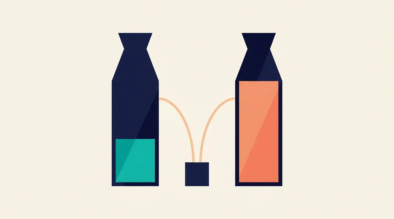 Illustration of two vessels filled to different levels, both tracing back to the same single dose