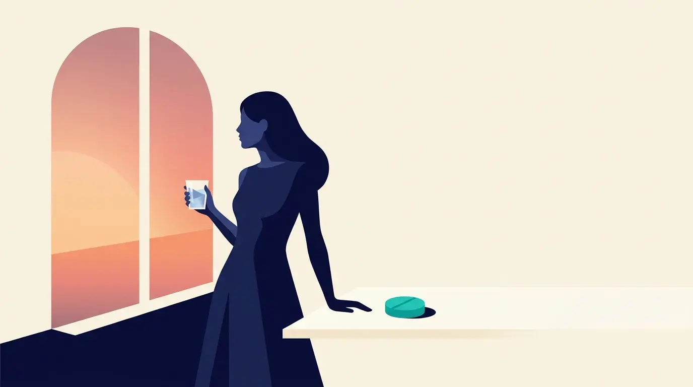 Illustration of a woman at a window in early morning light holding a glass of water, a single tablet resting on the table