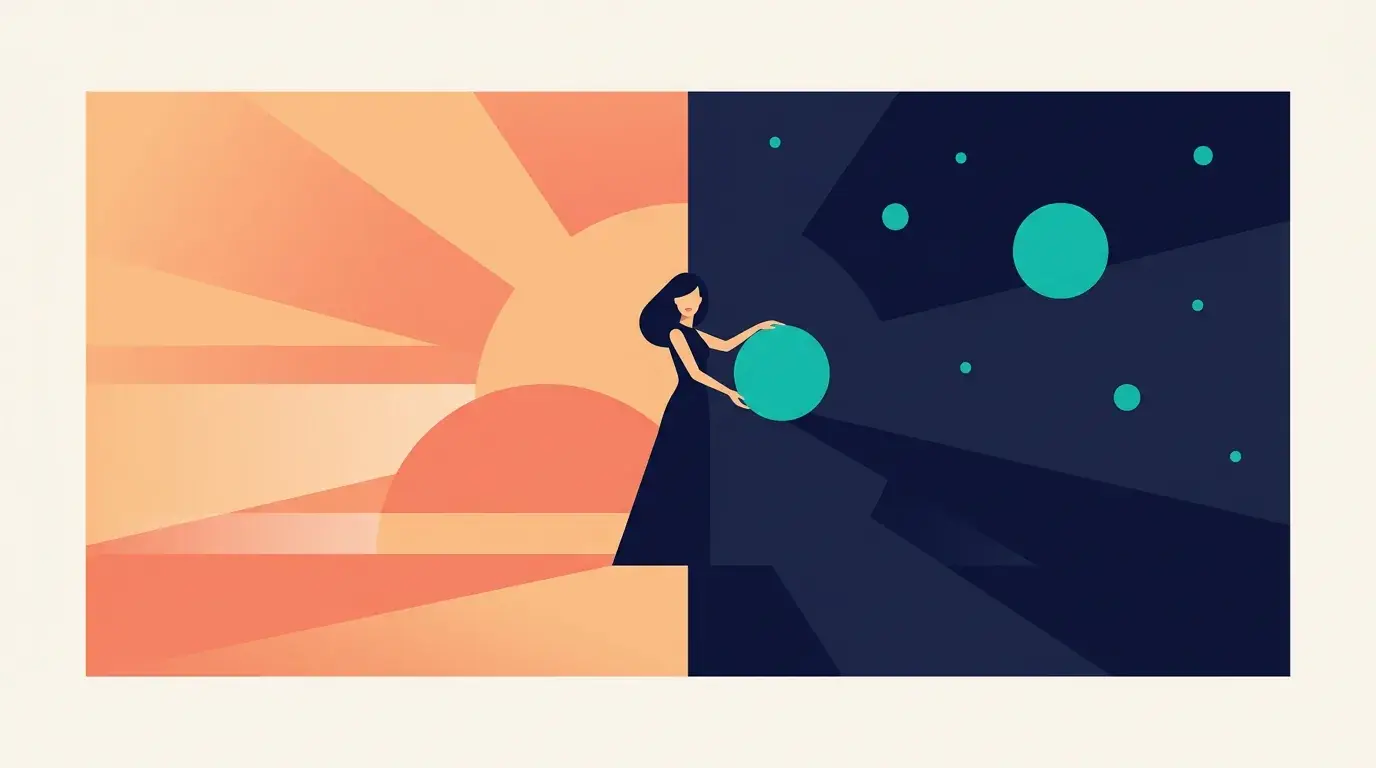 Illustration of a figure standing calmly on the line between a sunrise half and a night half