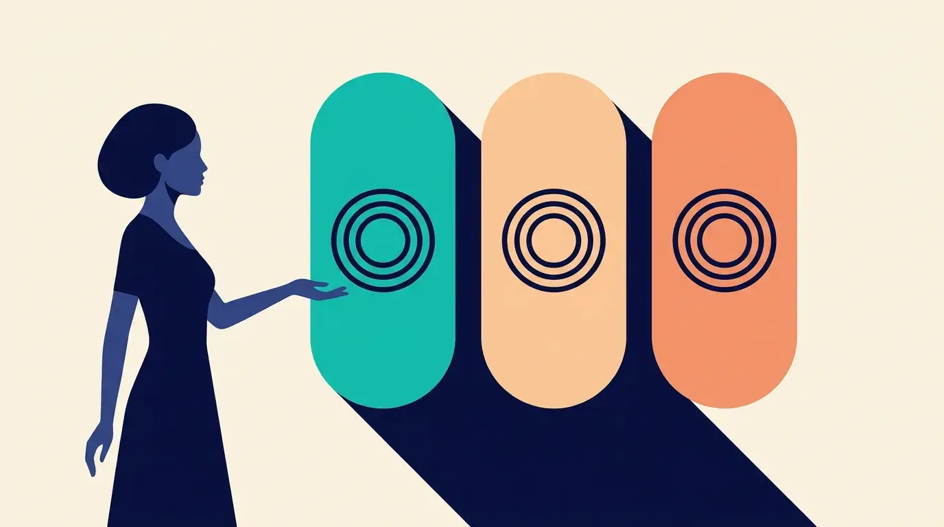 Illustration of a woman presenting three coloured panels, each marked with a set of concentric target rings