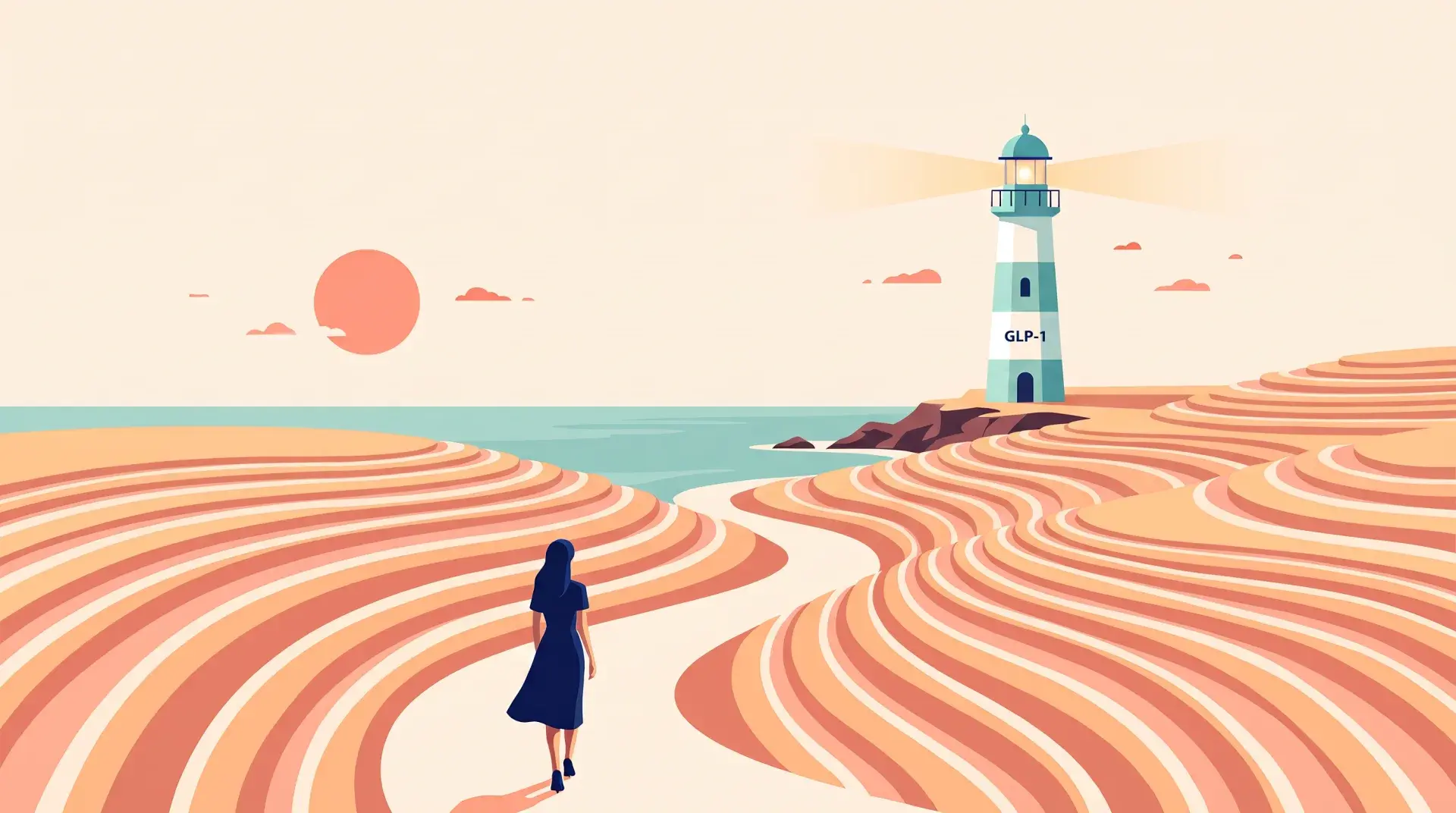 Flat-vector illustration of a woman on a winding terraced path toward a teal lighthouse at dawn