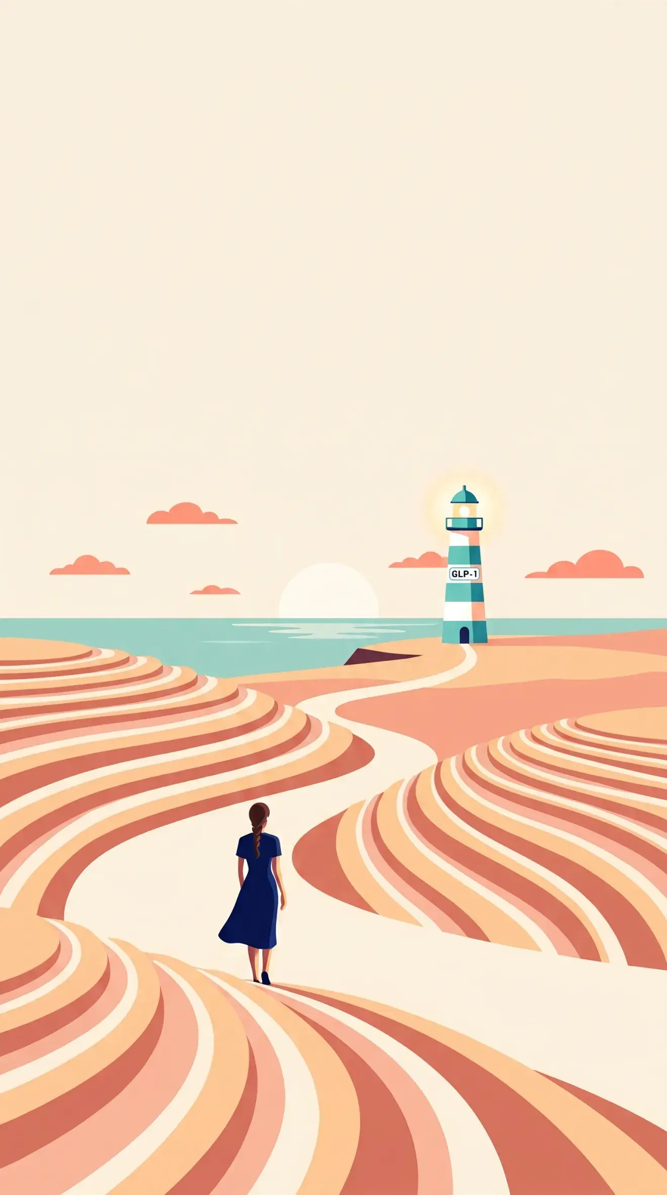 A woman at the start of a winding terraced path toward a distant lighthouse at dawn