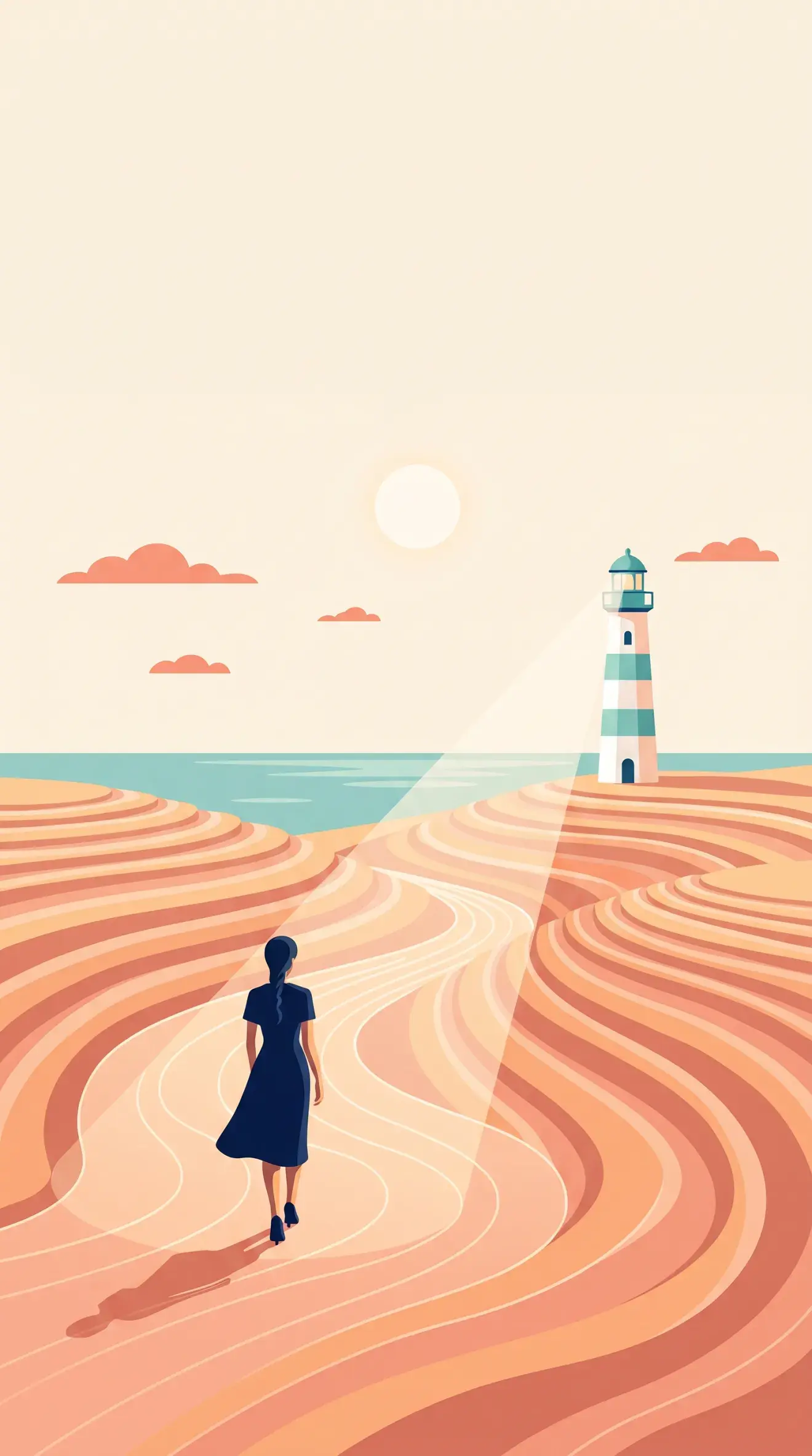 The lighthouse beam sweeping softly across the woman on the dunes