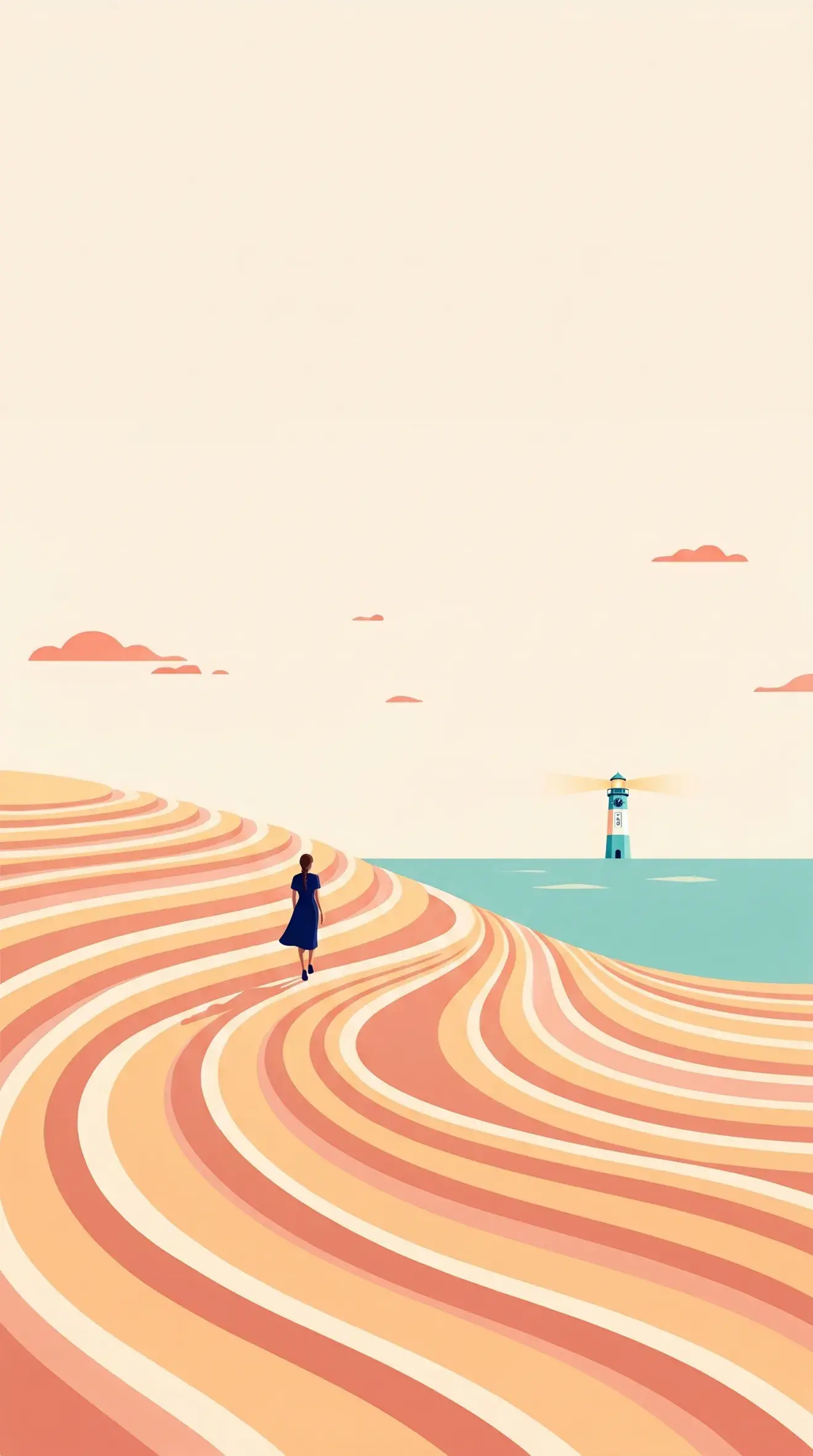 The terraced dunes rising and settling in one smooth wave toward the lighthouse
