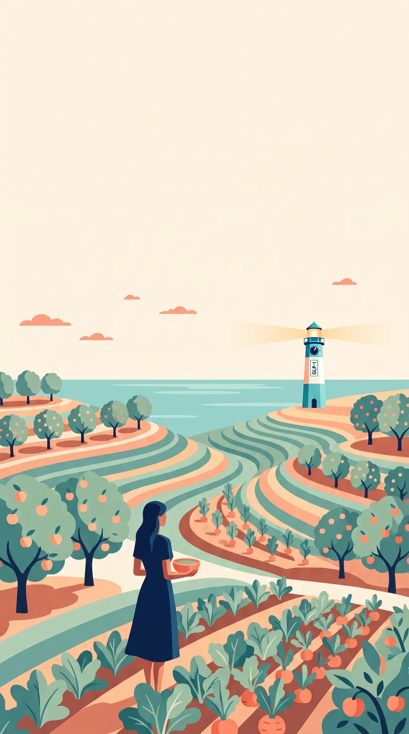 A terraced orchard garden beside the path, the woman holding a coral bowl