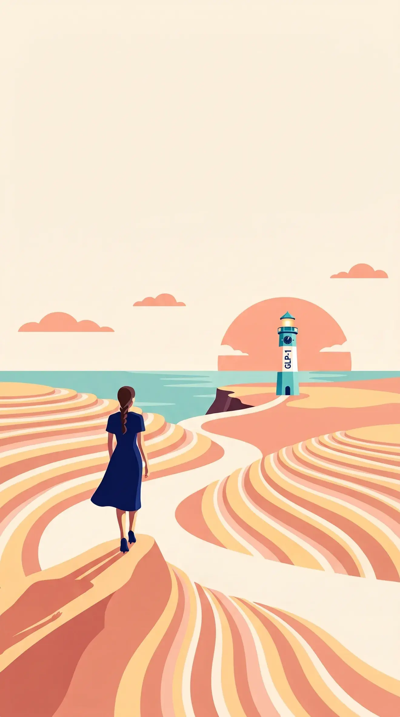 The woman standing beside the lighthouse at sunrise, the whole path behind her